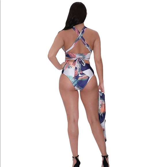 NWOT Palm Printed 3 Piece High Waist Bikini Swimsuit & Cover up sz M - Picture 4 of 6